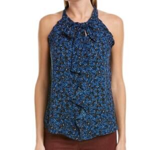 Parker Tie Front Sleeveless Keyhole Neck Ruffle Trim Floral Blouse NEW L